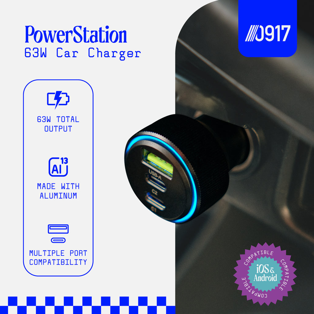 0917 Power Station 63W Car Charger with Dual USB-C and USB-A Ports